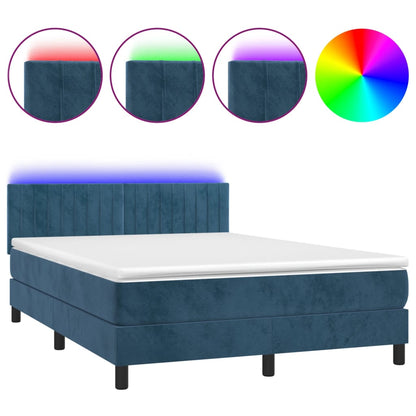 Box Spring Postel S Matrací A Led Tmavě Modrá 140X190 Cm Samet