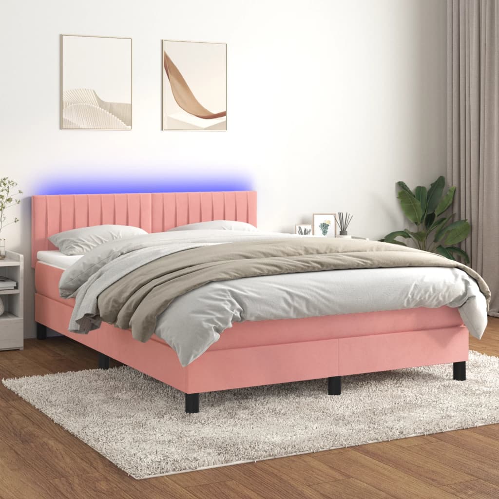 Box Spring Postel S Matrací A Led Růžová 140X190 Cm Samet