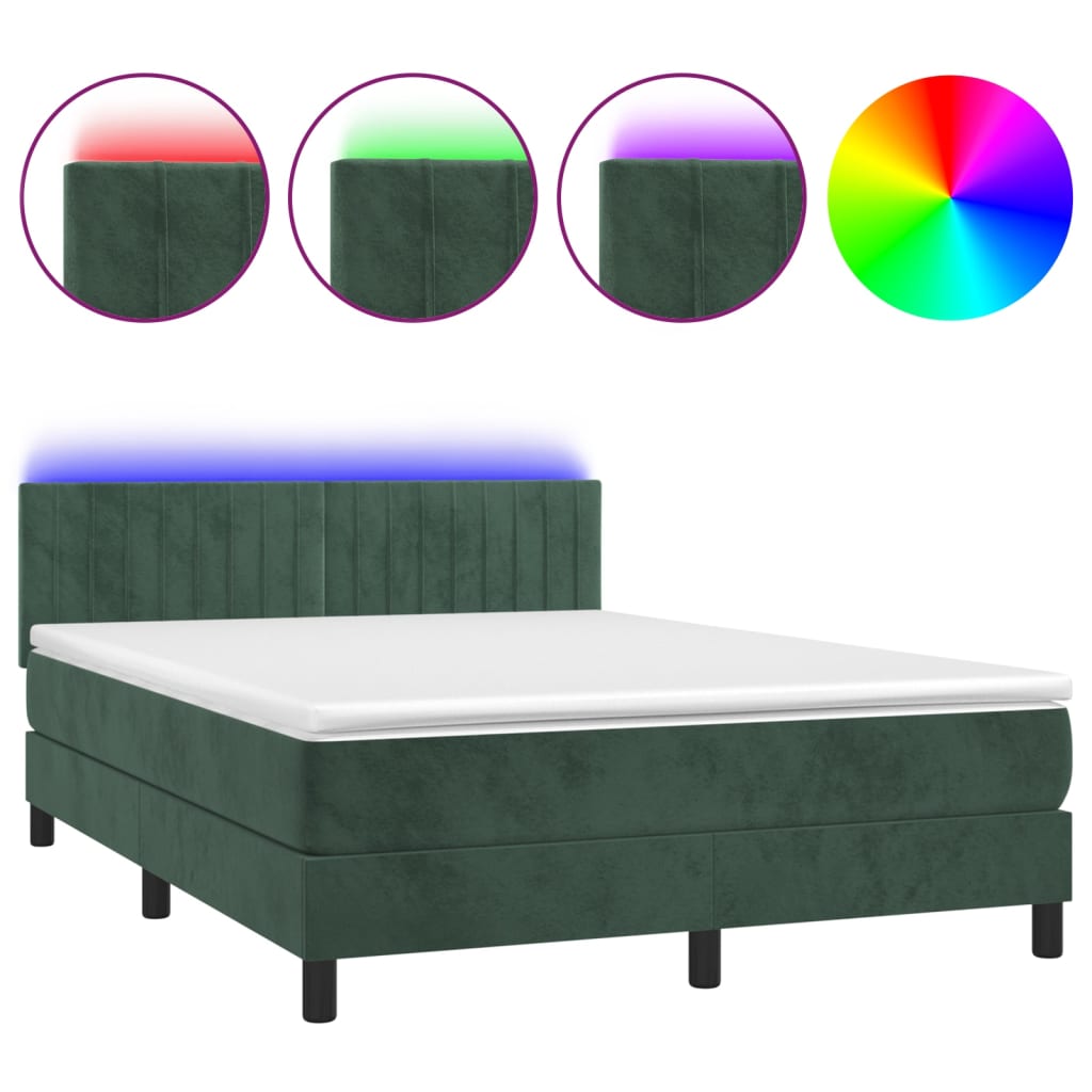 Box Spring Postel S Matrací A Led Tmavě Zelená 140X200 Cm Samet