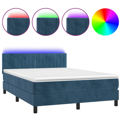Box Spring Postel S Matrací A Led Tmavě Modrá 140X200 Cm Samet