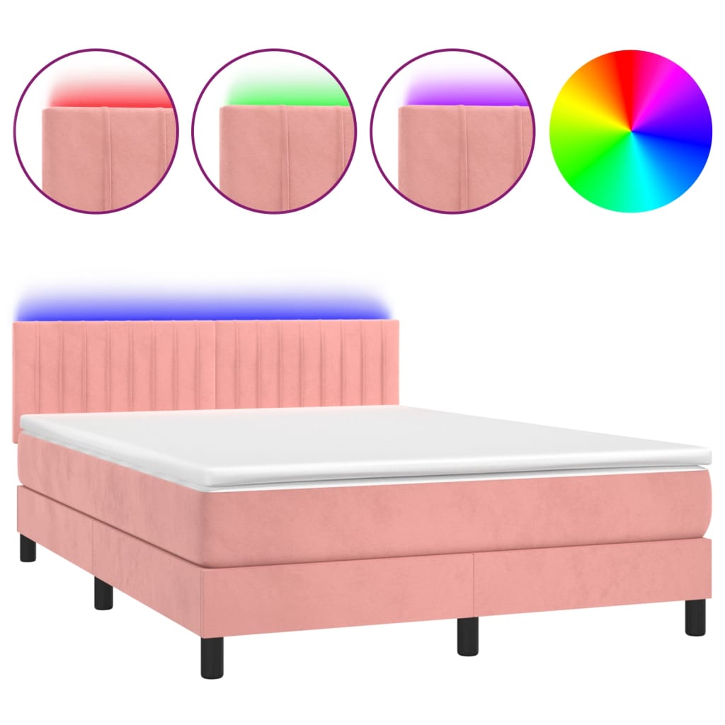 Box Spring Postel S Matrací A Led Růžová 140X200 Cm Samet