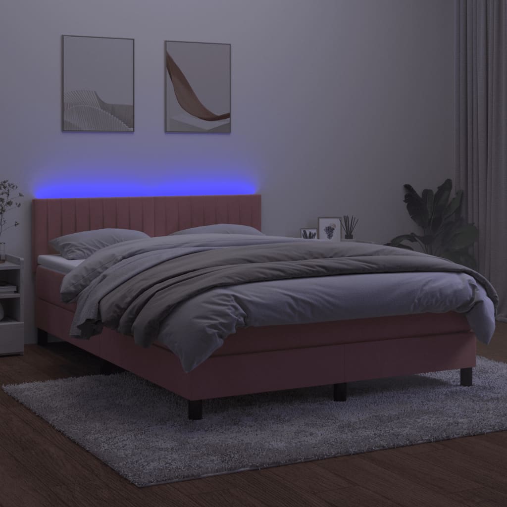 Box Spring Postel S Matrací A Led Růžová 140X200 Cm Samet