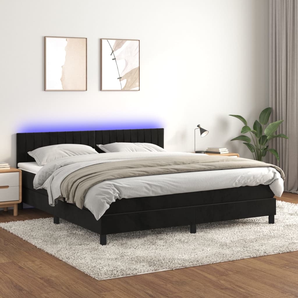 Box Spring Postel S Matrací A Led Černá 160X200 Cm Samet
