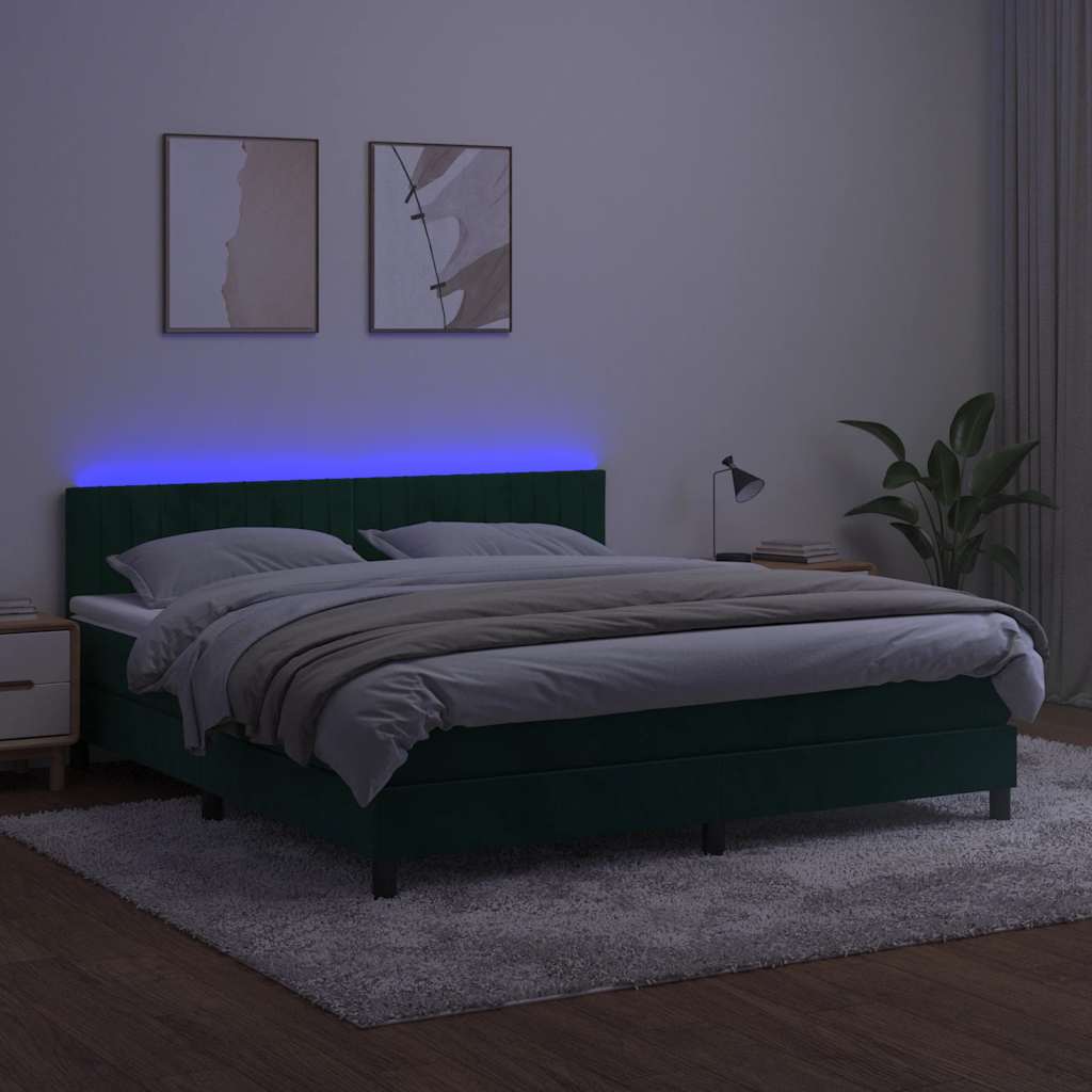 Box Spring Postel S Matrací A Led Tmavě Zelená 160X200 Cm Samet