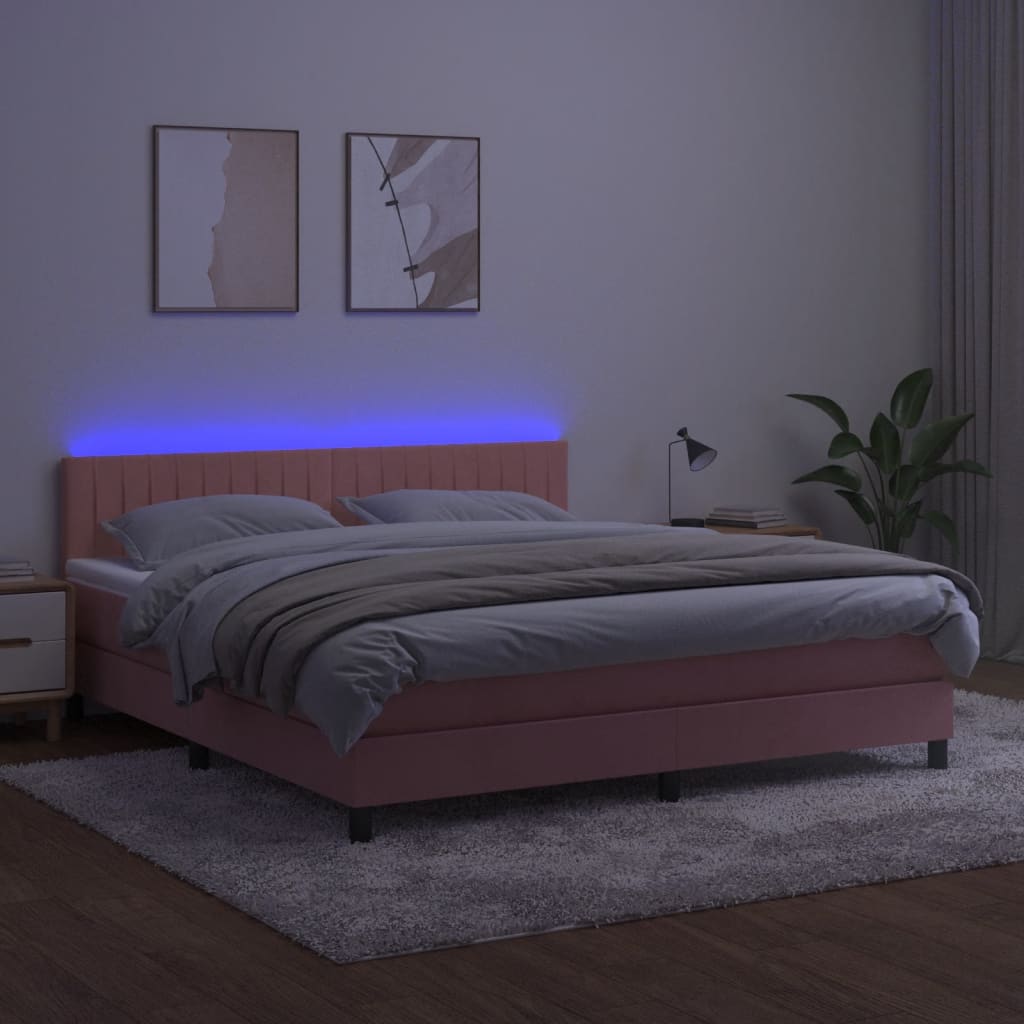 Box Spring Postel S Matrací A Led Růžová 160X200 Cm Samet
