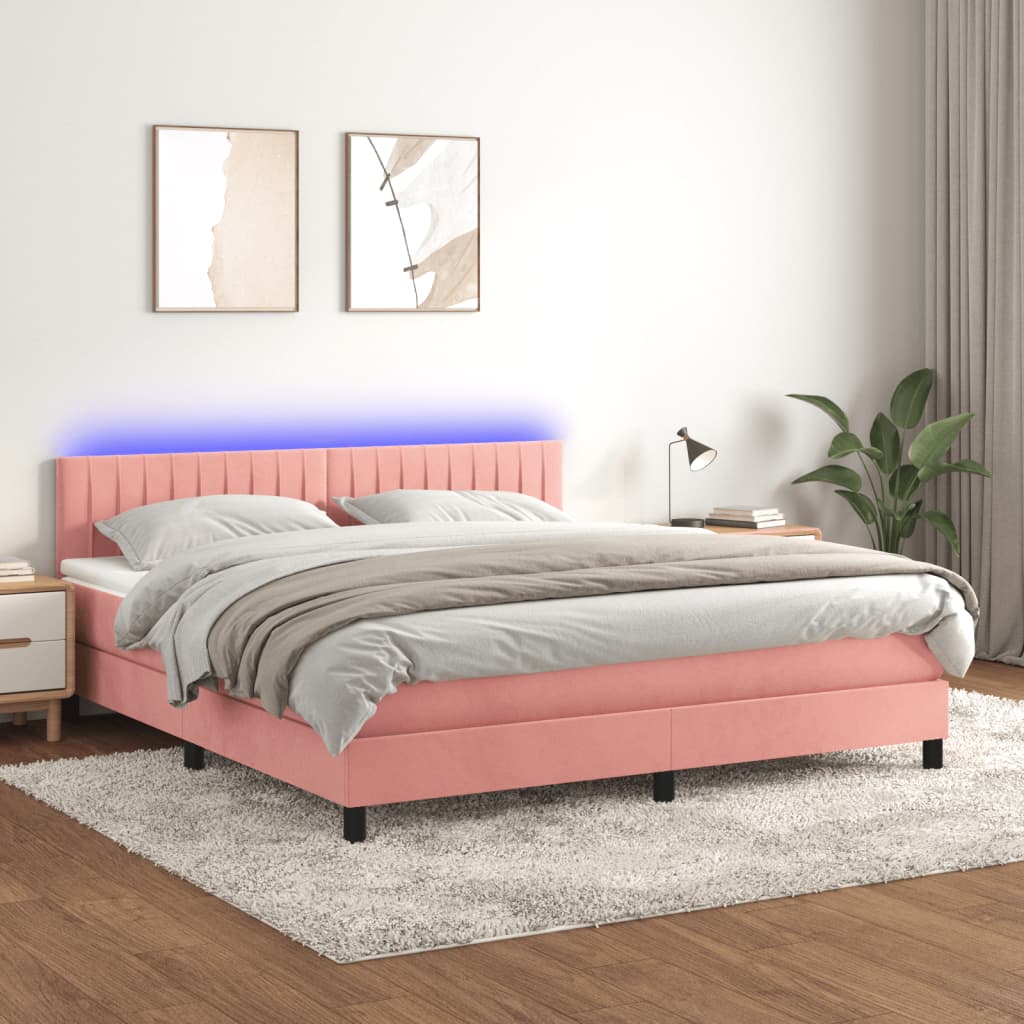Box Spring Postel S Matrací A Led Růžová 160X200 Cm Samet