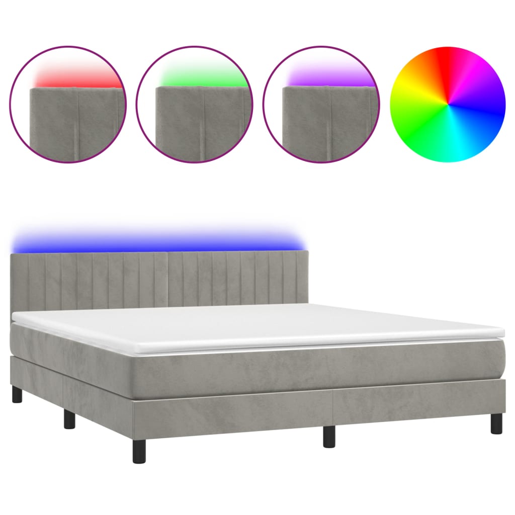 Box Spring Postel S Matrací A Led Světle Šedá 180X200 Cm Samet