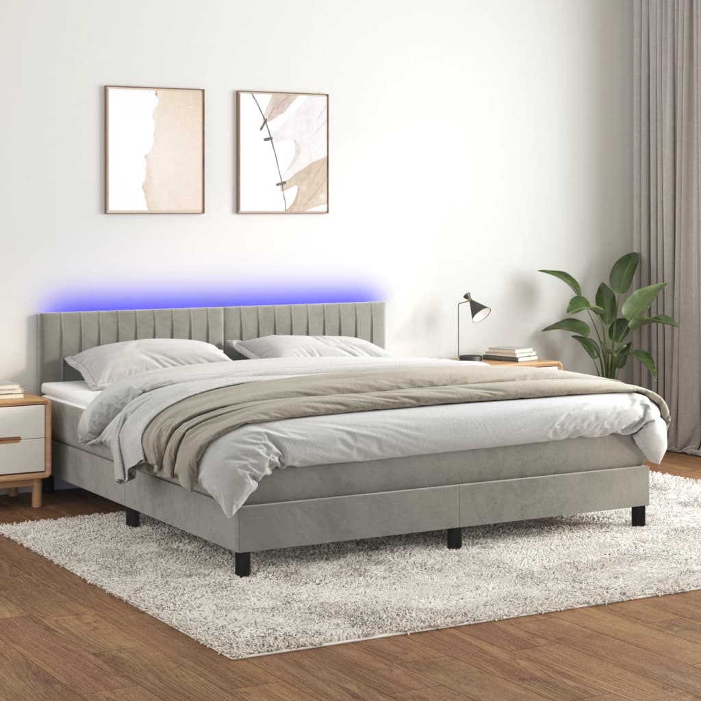 Box Spring Postel S Matrací A Led Světle Šedá 180X200 Cm Samet