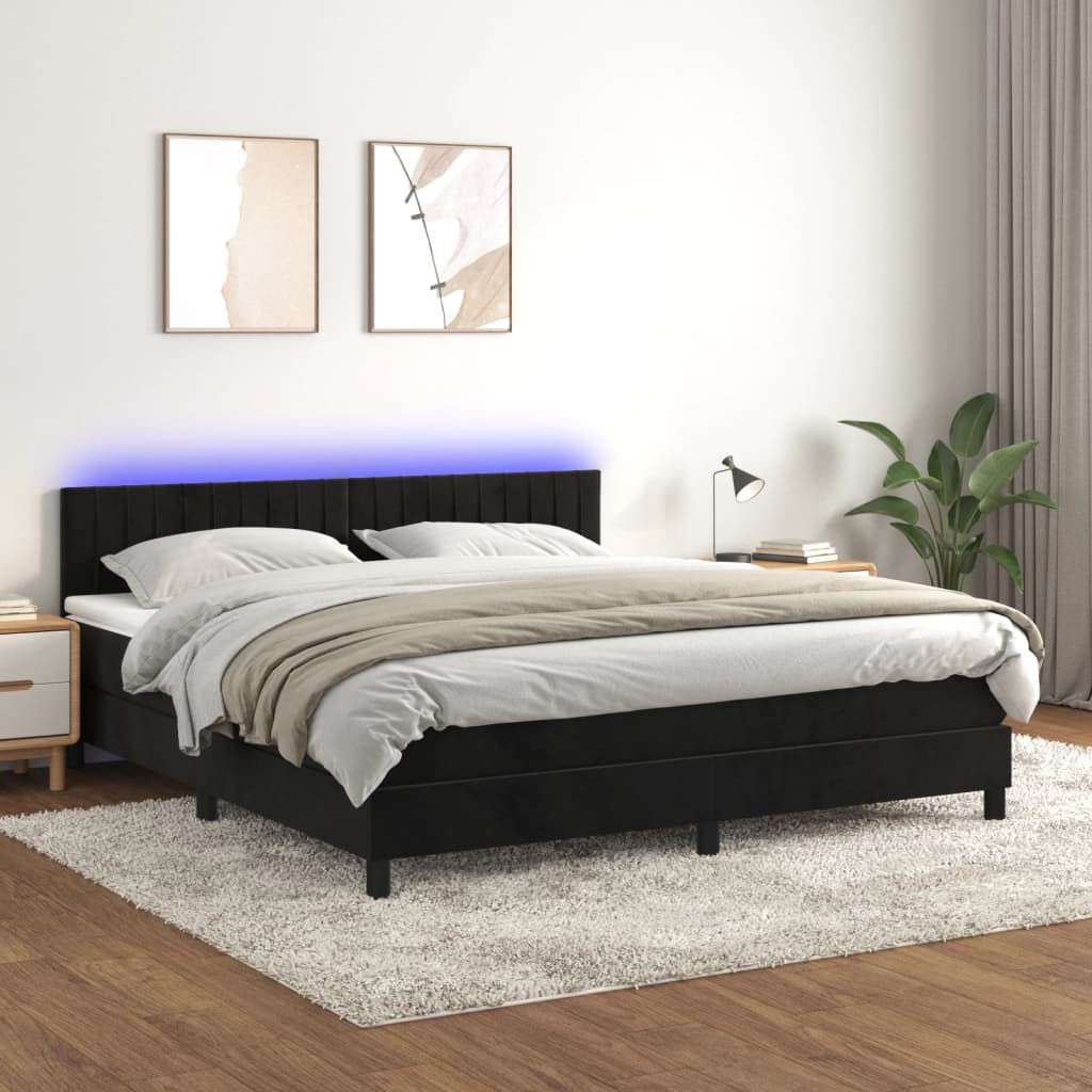 Box Spring Postel S Matrací A Led Černá 180X200 Cm Samet