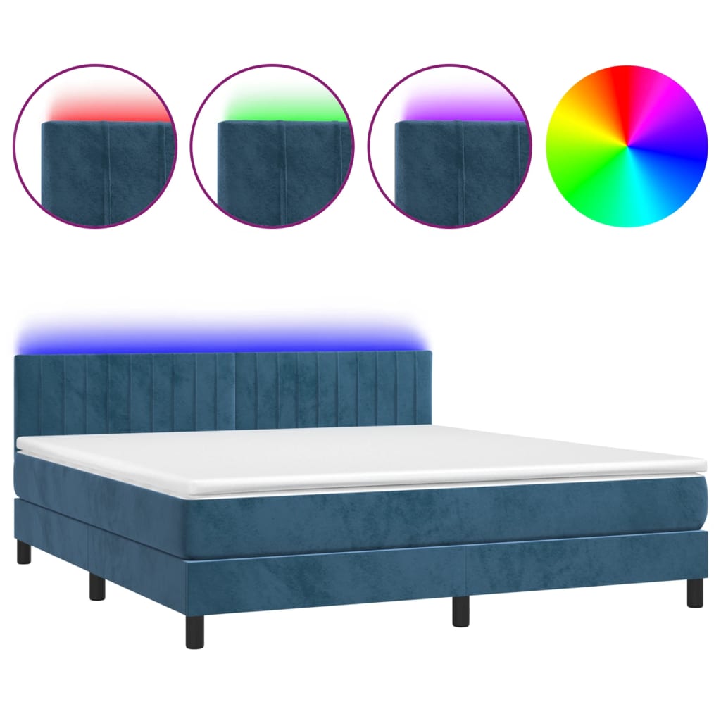 Box Spring Postel S Matrací A Led Tmavě Modrá 180X200 Cm Samet