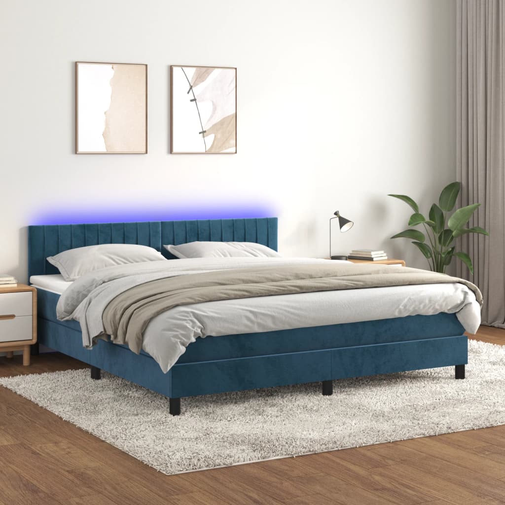Box Spring Postel S Matrací A Led Tmavě Modrá 180X200 Cm Samet