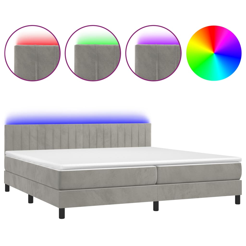 Box Spring Postel S Matrací A Led Světle Šedá 200X200 Cm Samet