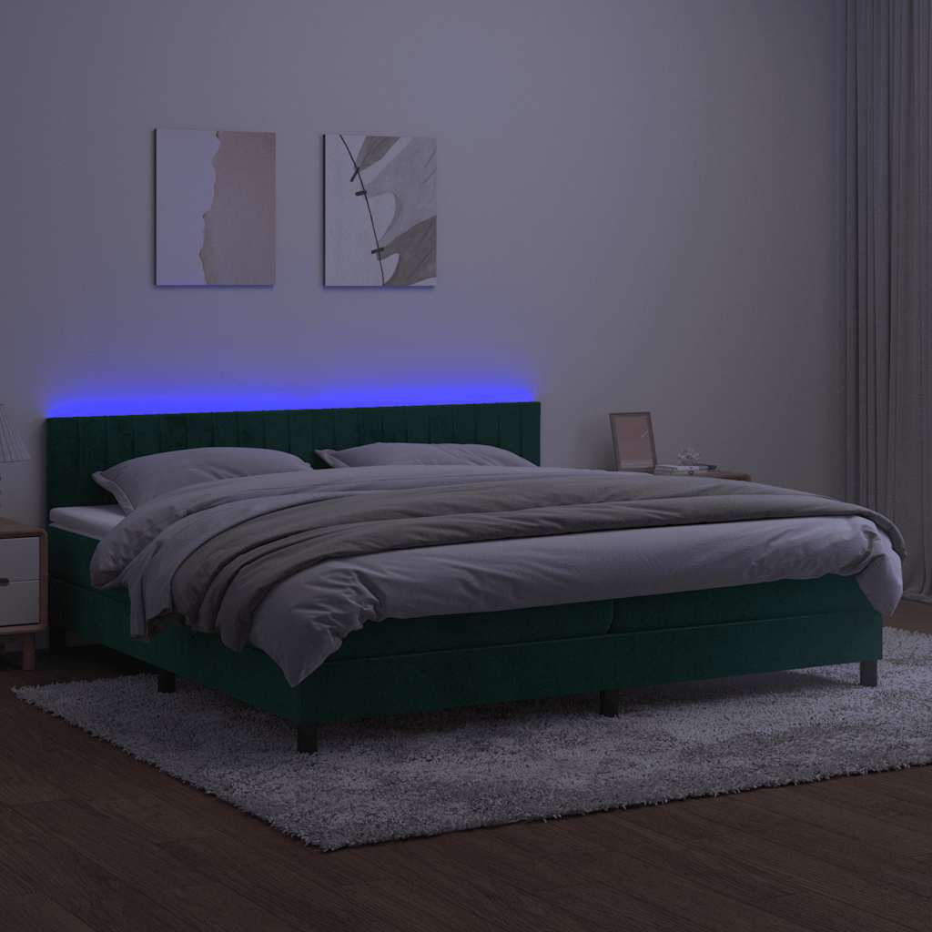 Box Spring Postel S Matrací A Led Tmavě Zelená 200X200 Cm Samet
