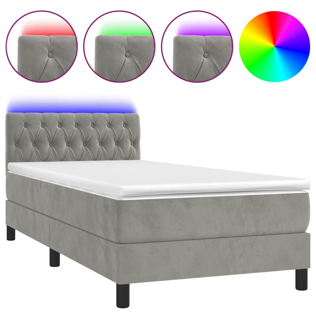 Box Spring Postel S Matrací A Led Světle Šedá 100X200 Cm Samet