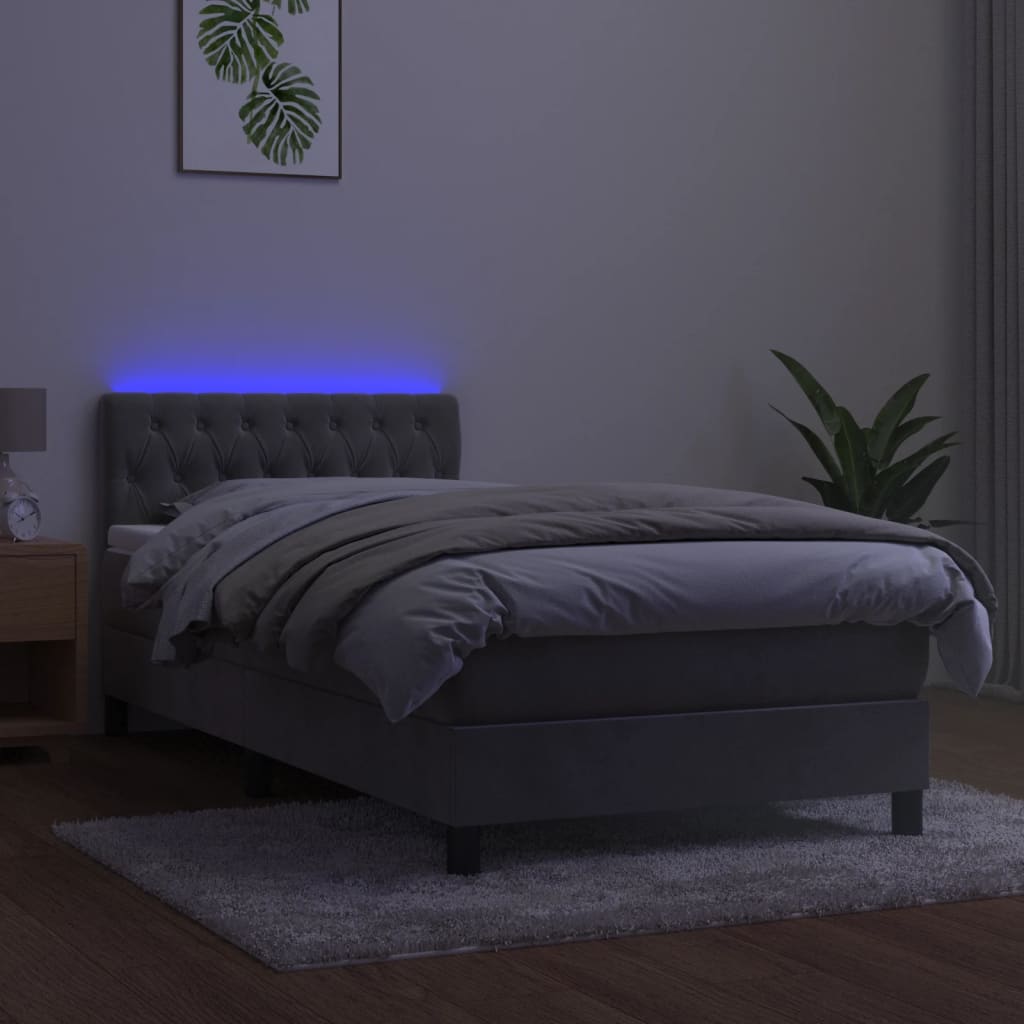 Box Spring Postel S Matrací A Led Světle Šedá 100X200 Cm Samet