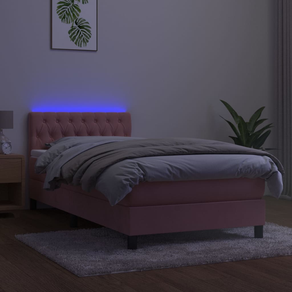 Box Spring Postel S Matrací A Led Růžová 100X200 Cm Samet
