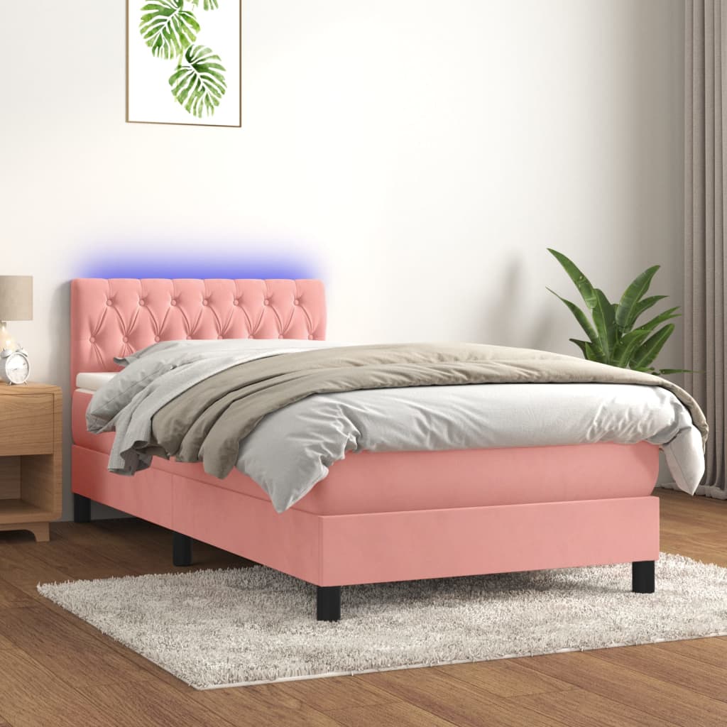 Box Spring Postel S Matrací A Led Růžová 100X200 Cm Samet