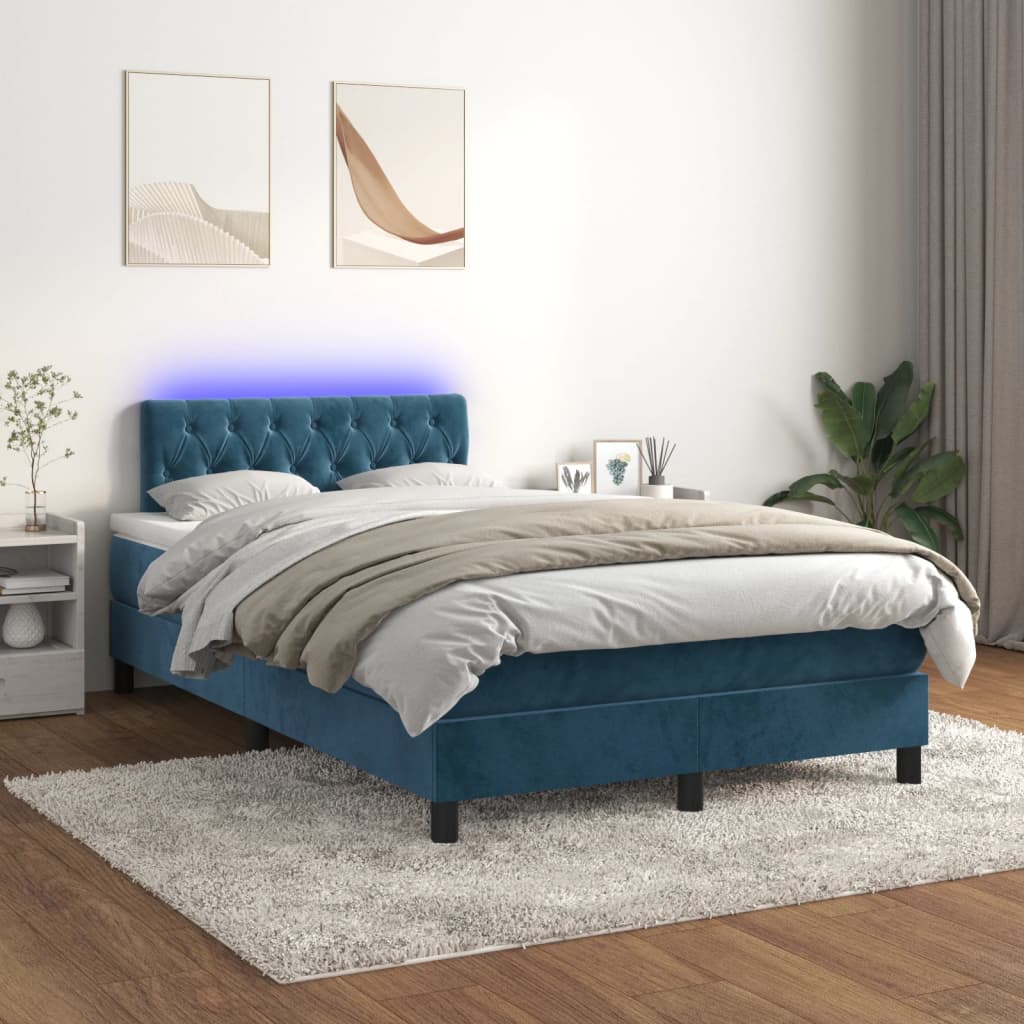 Box Spring Postel S Matrací A Led Tmavě Modrá Samet Tmavě Moddrá