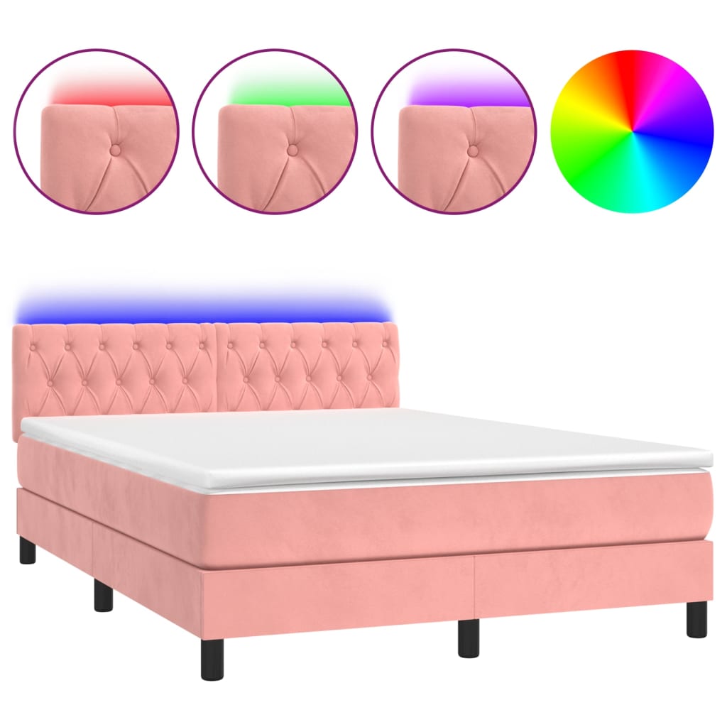 Box Spring Postel S Matrací A Led Růžová 140X200 Cm Samet