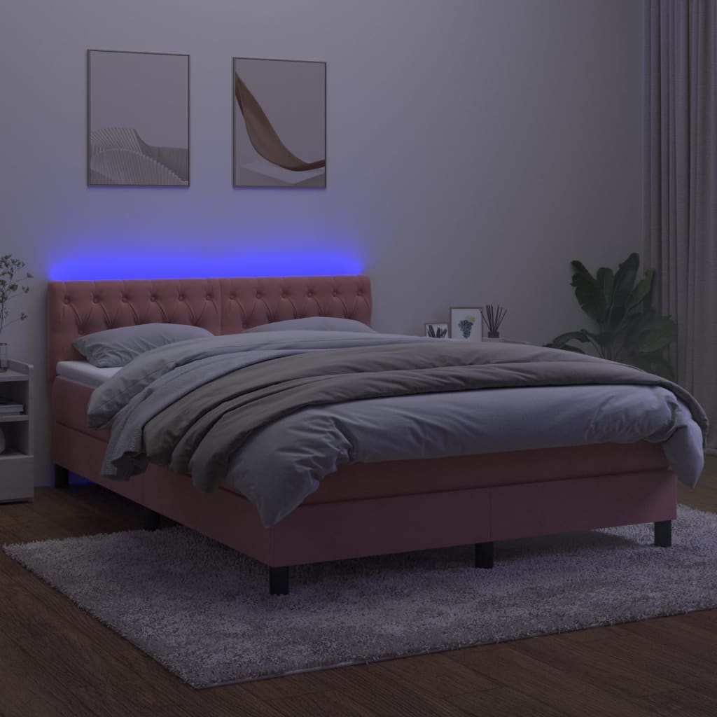 Box Spring Postel S Matrací A Led Růžová 140X200 Cm Samet