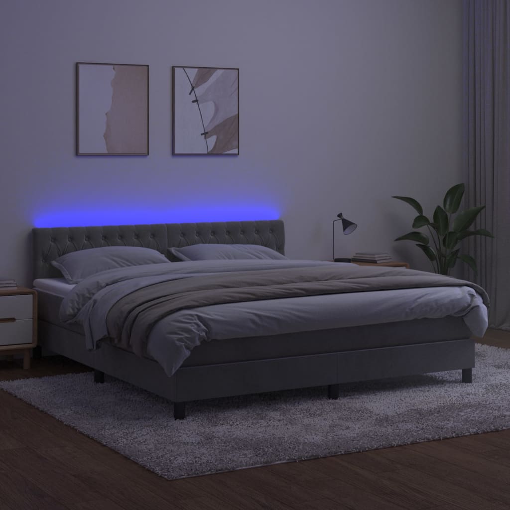 Box Spring Postel S Matrací A Led Světle Šedá 160X200 Cm Samet