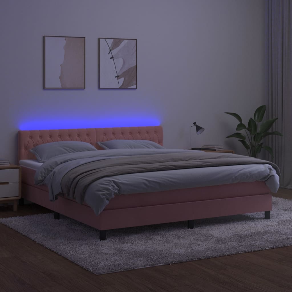 Box Spring Postel S Matrací A Led Růžová 160X200 Cm Samet