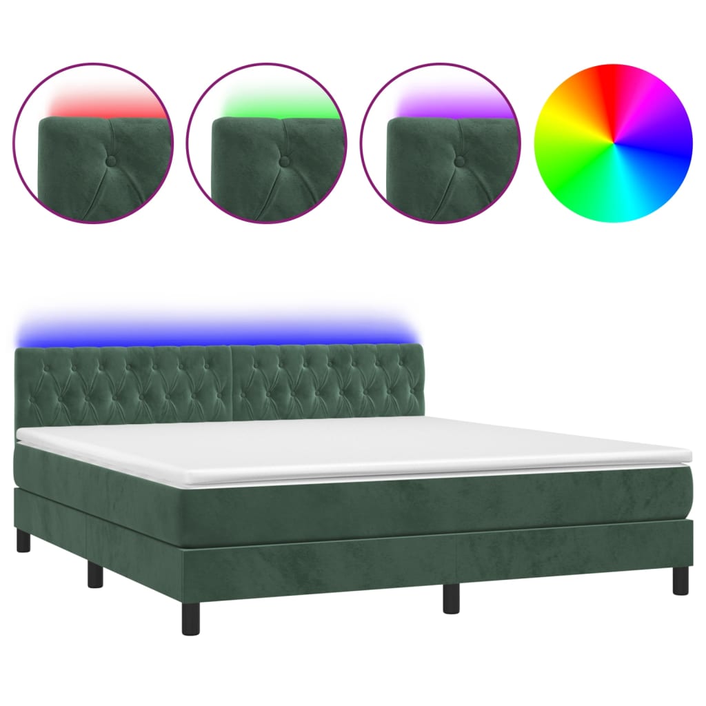 Box Spring Postel S Matrací A Led Tmavě Zelená 180X200 Cm Samet