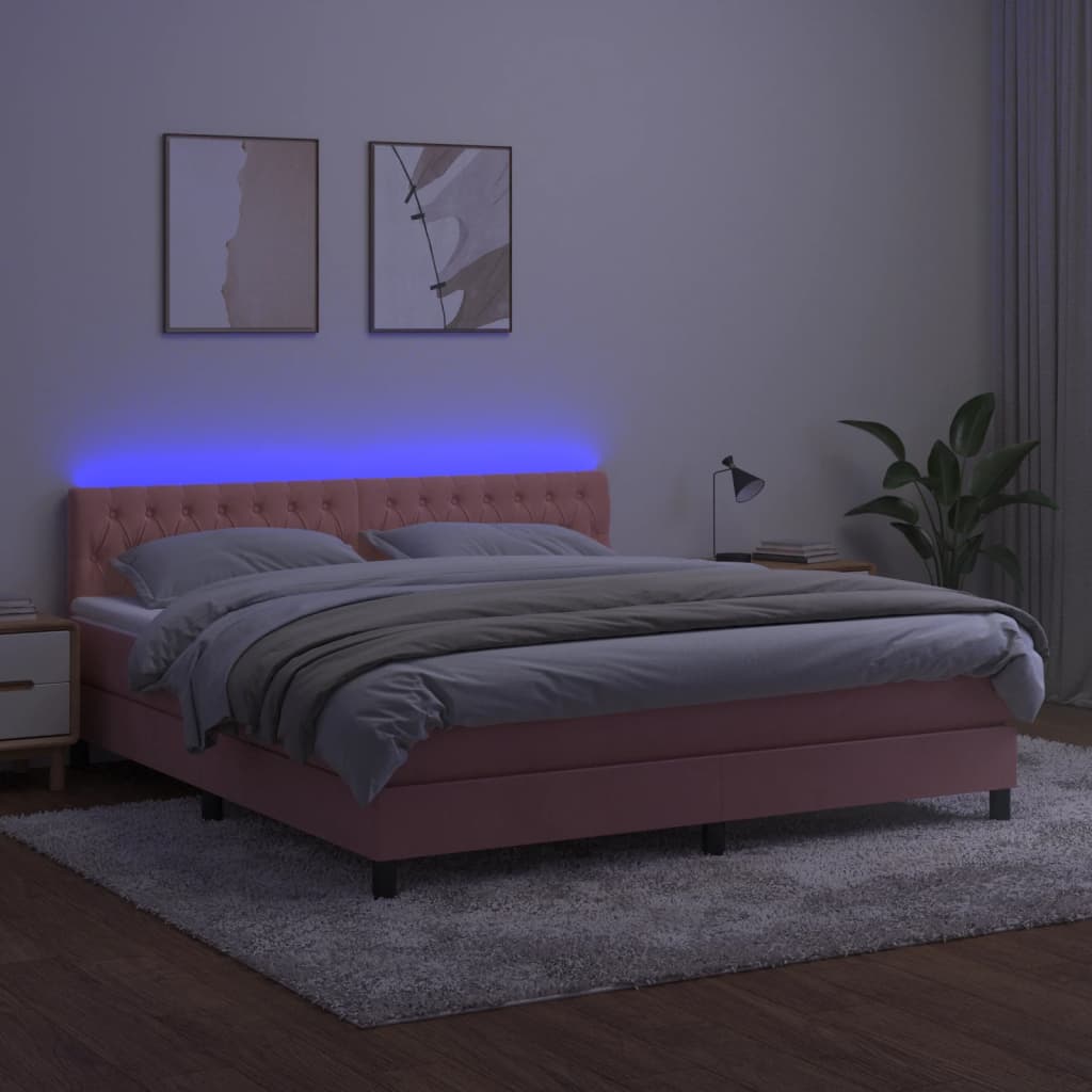 Box Spring Postel S Matrací A Led Růžová 180X200 Cm Samet