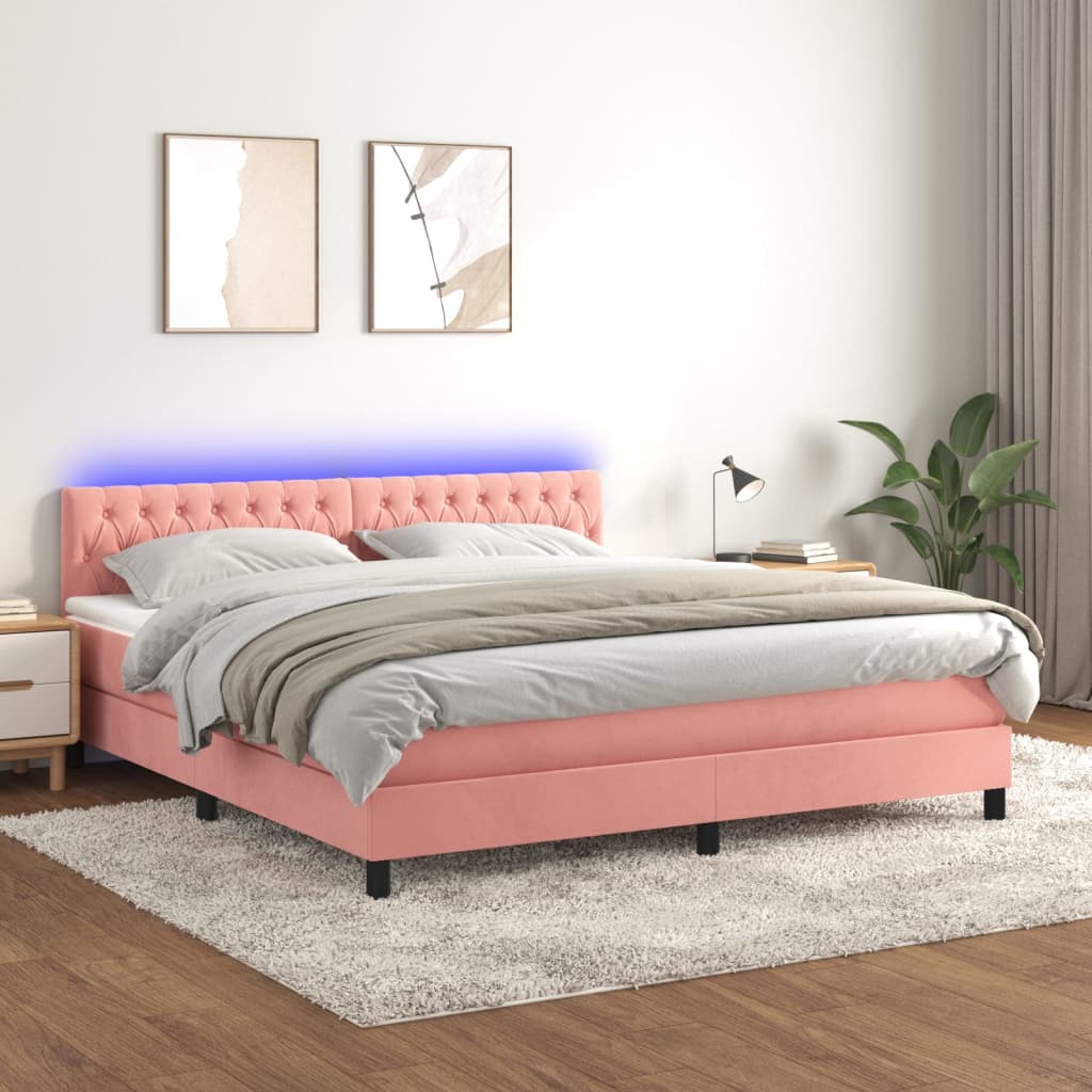 Box Spring Postel S Matrací A Led Růžová 180X200 Cm Samet