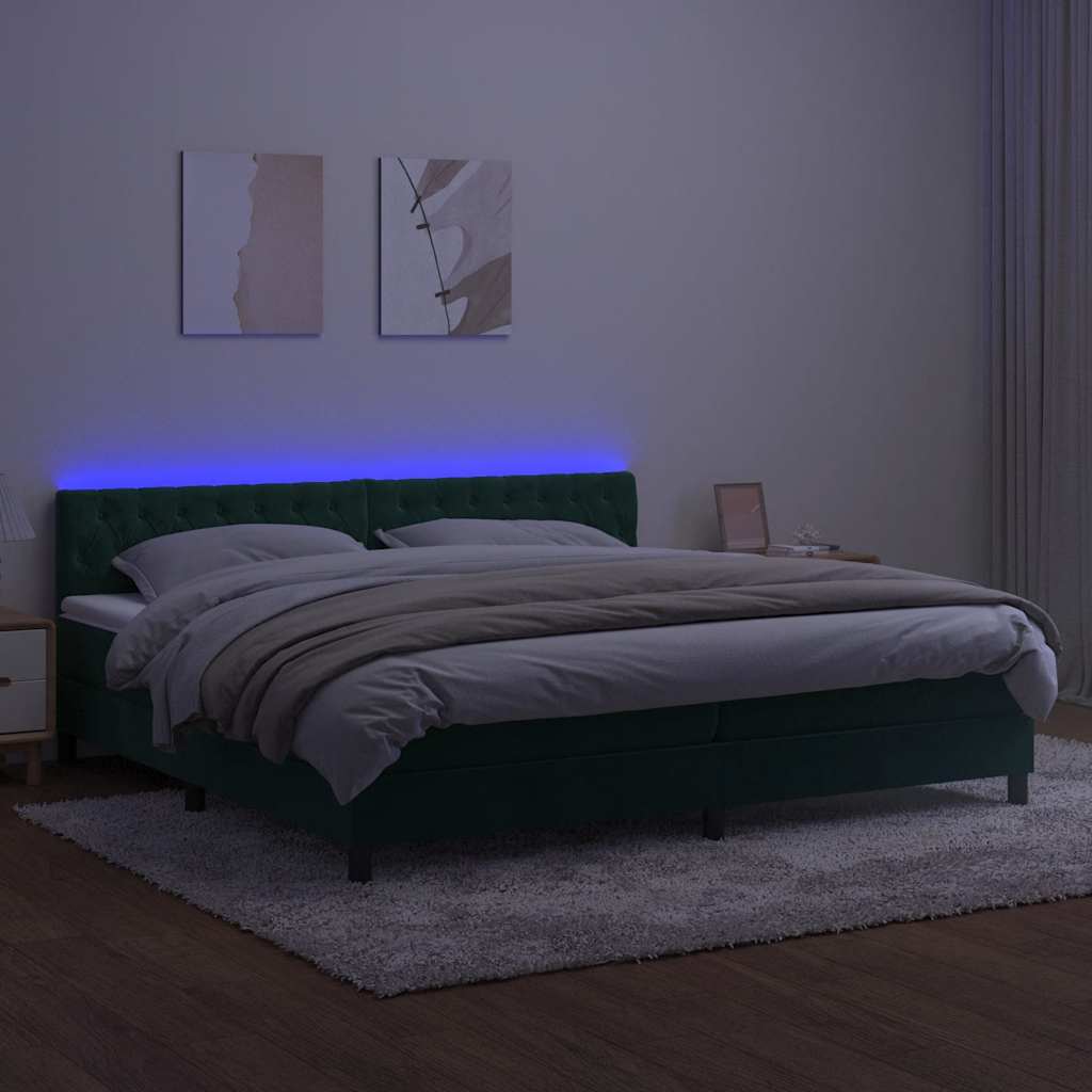 Box Spring Postel S Matrací A Led Tmavě Zelená 200X200 Cm Samet