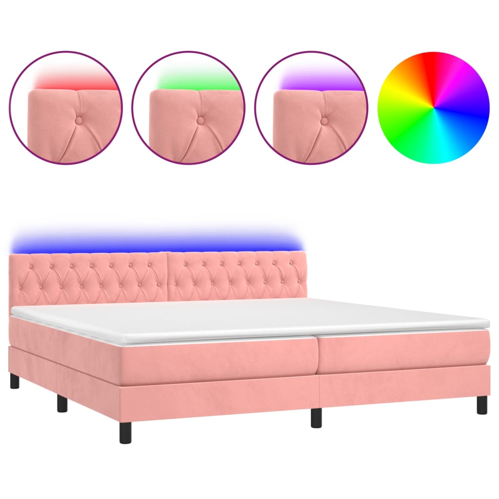 Box Spring Postel S Matrací A Led Růžová 200X200 Cm Samet
