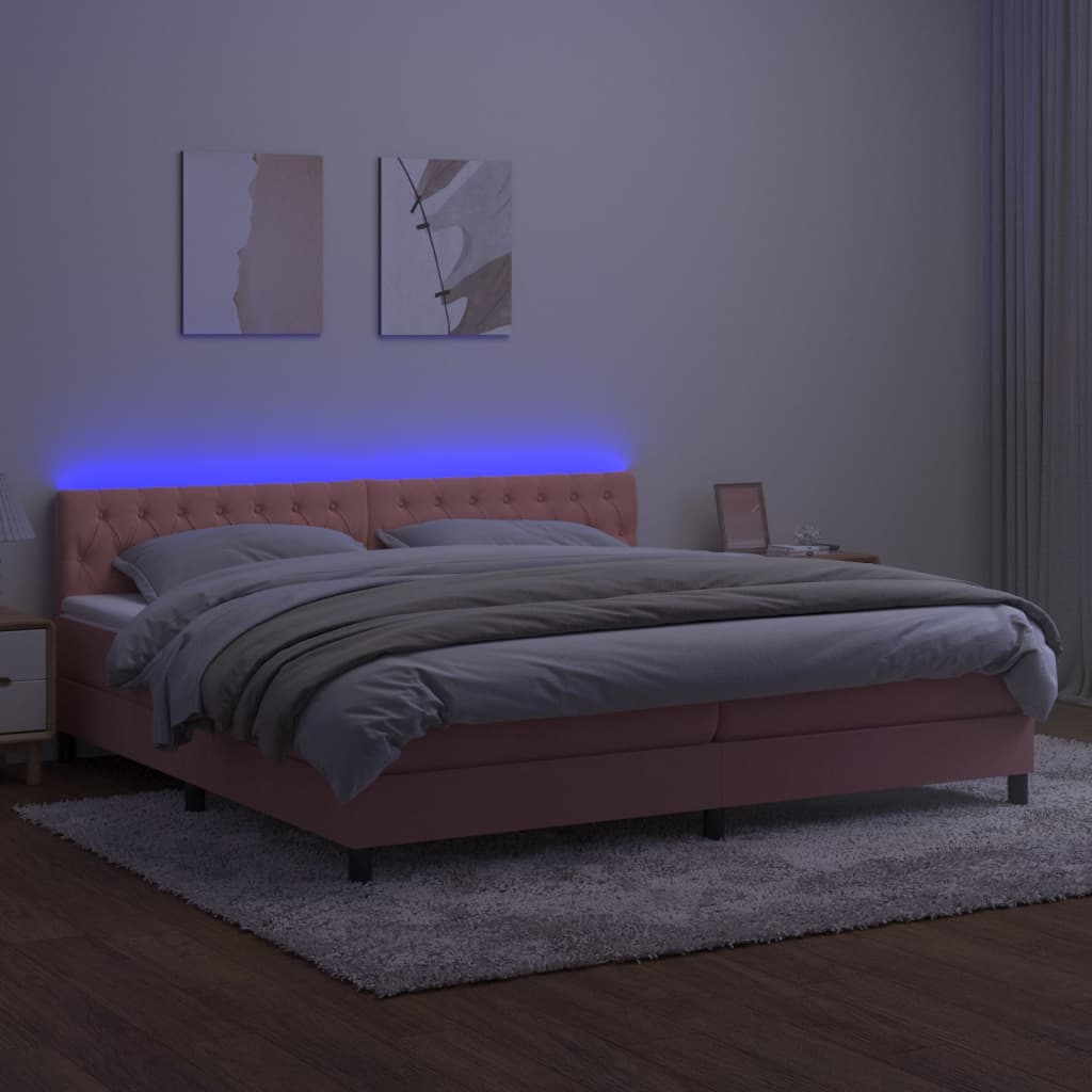 Box Spring Postel S Matrací A Led Růžová 200X200 Cm Samet
