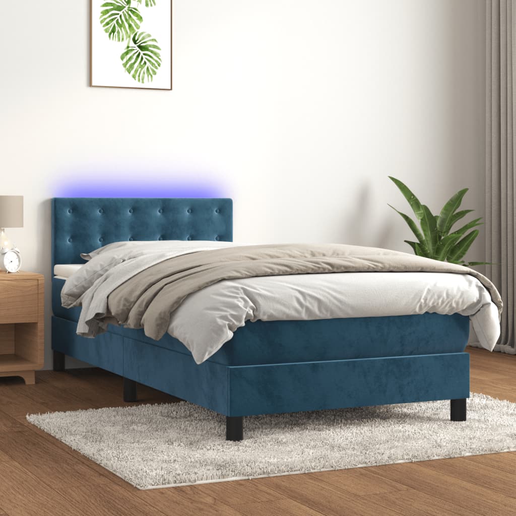Box Spring Postel S Matrací A Led Tmavě Modrá Samet Tmavě Moddrá