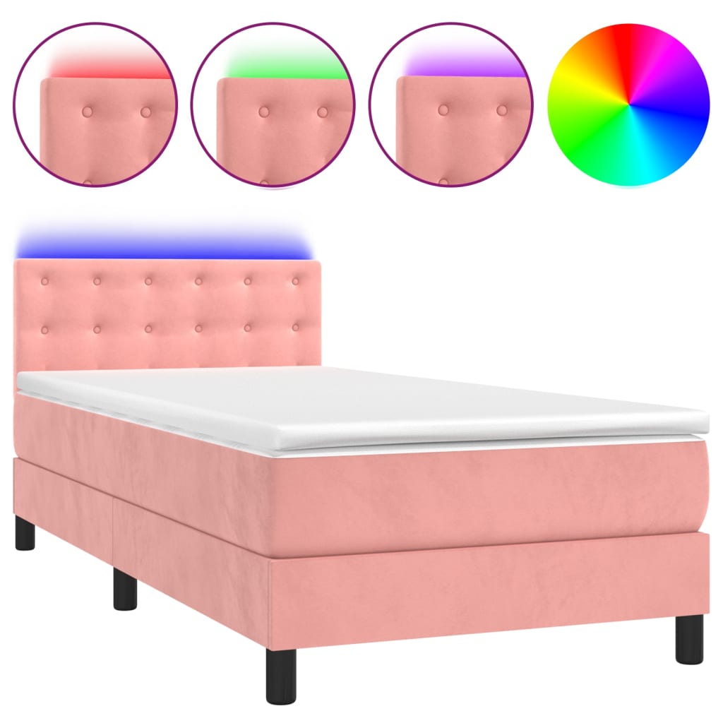 Box Spring Postel S Matrací A Led Růžová 90X190 Cm Samet