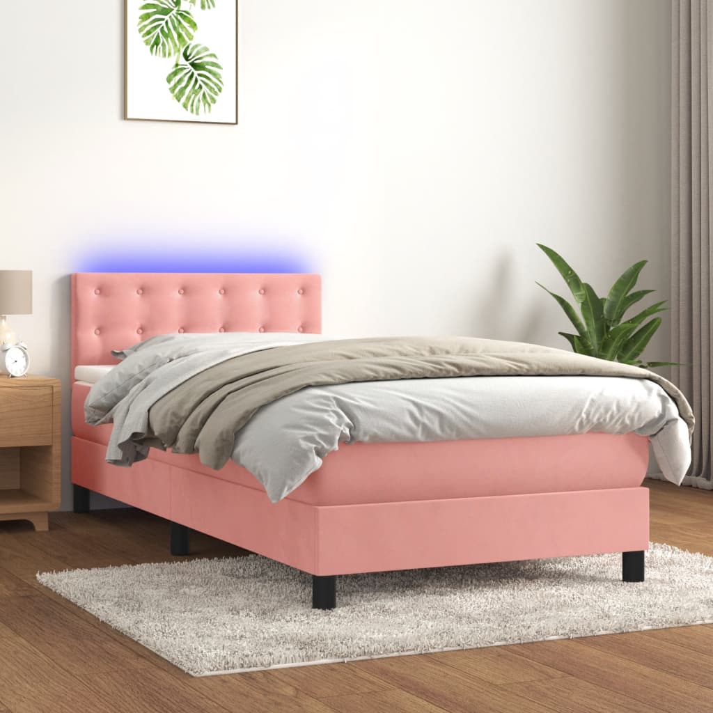 Box Spring Postel S Matrací A Led Růžová 100X200 Cm Samet
