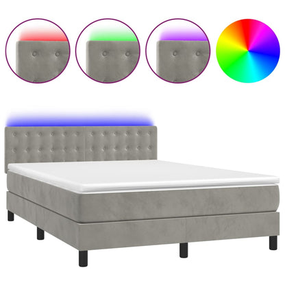 Box Spring Postel S Matrací A Led Světle Šedá 140X190 Cm Samet