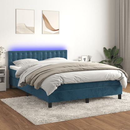Box Spring Postel S Matrací A Led Tmavě Modrá Samet Tmavě Moddrá