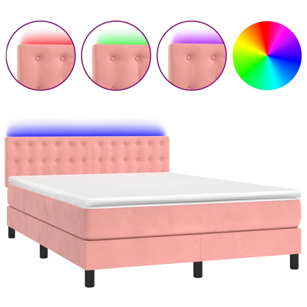 Box Spring Postel S Matrací A Led Růžová 140X190 Cm Samet