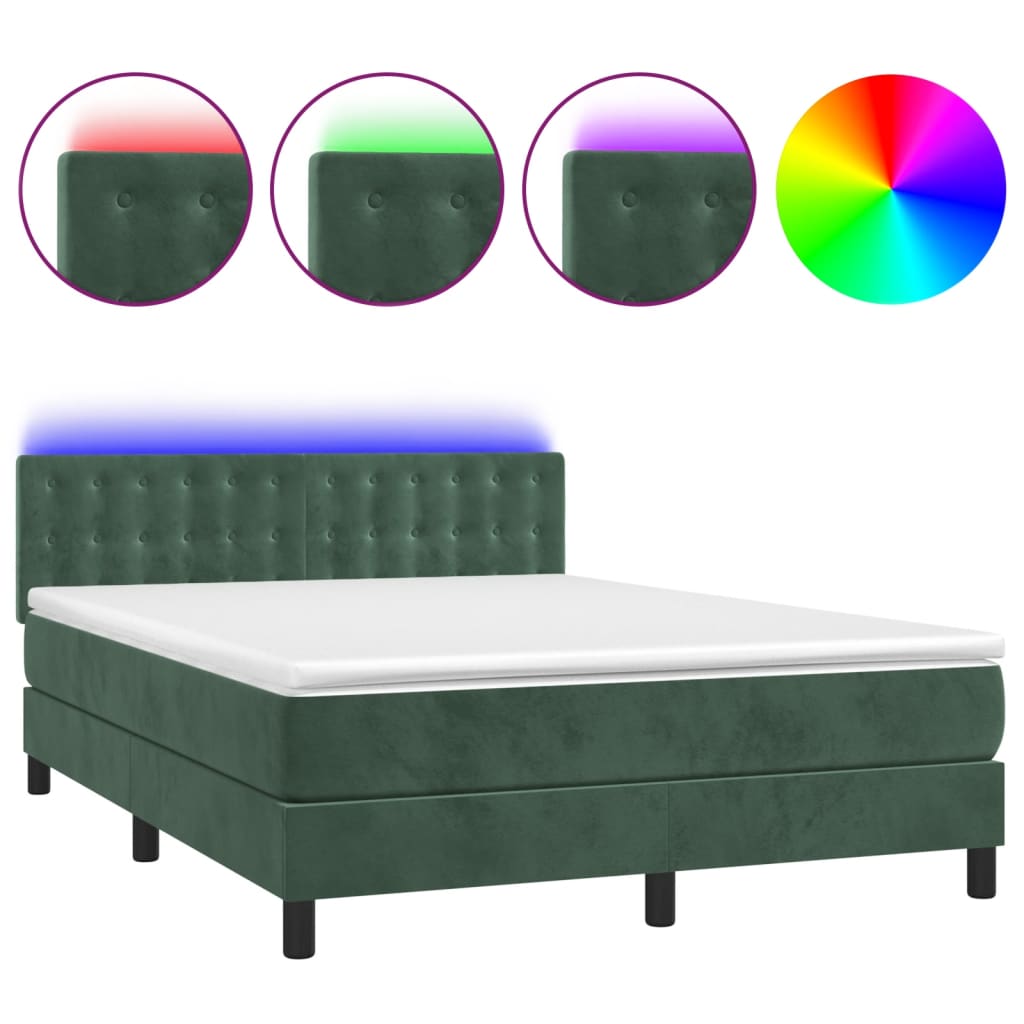 Box Spring Postel S Matrací A Led Tmavě Zelená 140X200 Cm Samet