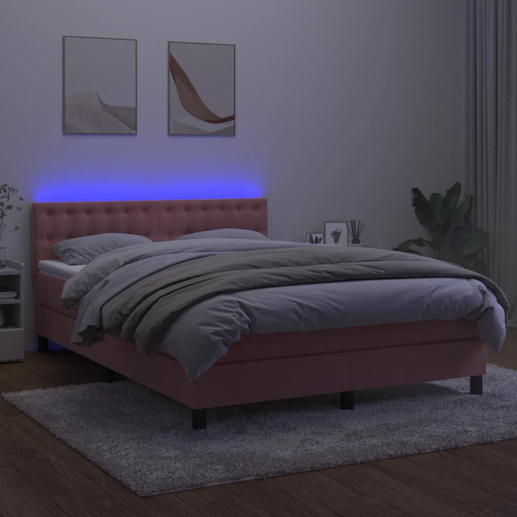 Box Spring Postel S Matrací A Led Růžová 140X200 Cm Samet