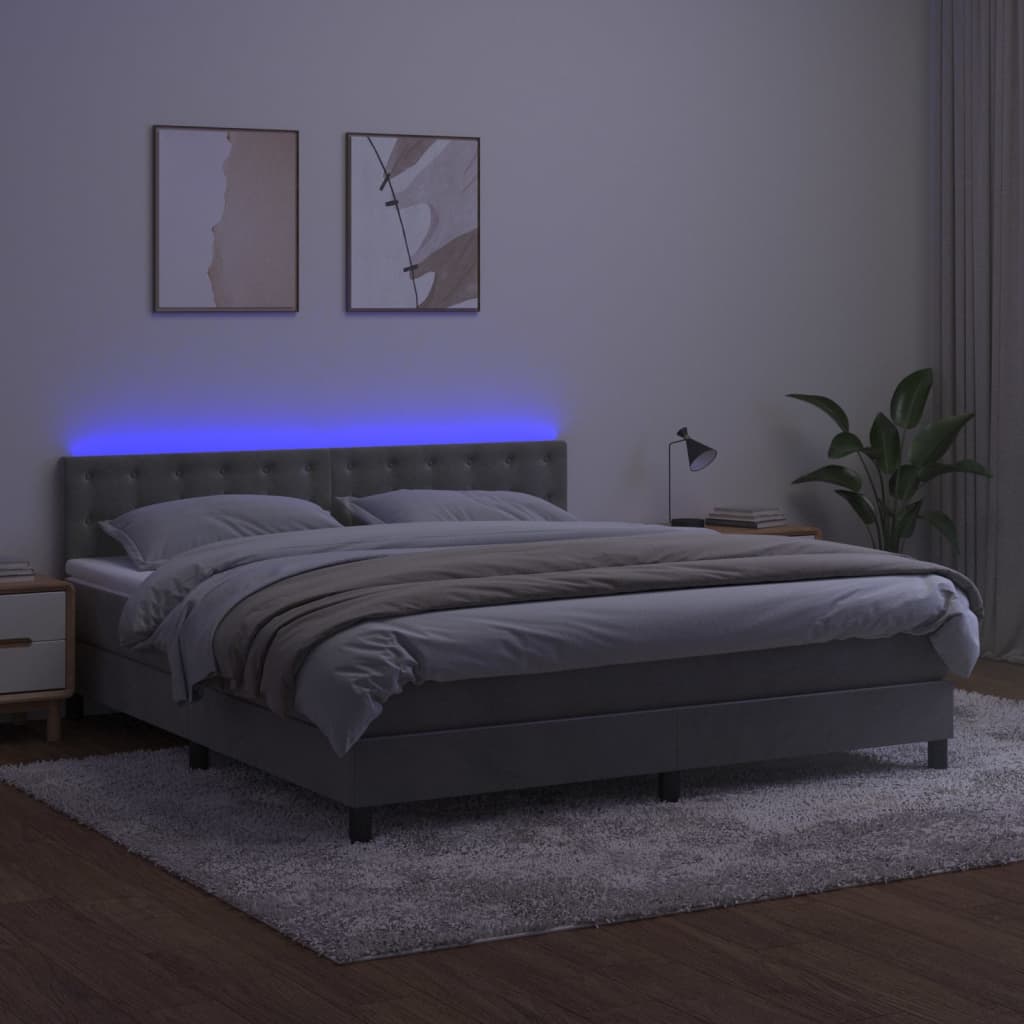 Box Spring Postel S Matrací A Led Světle Šedá 160X200 Cm Samet