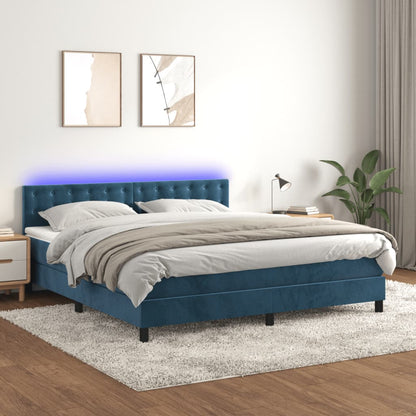 Box Spring Postel S Matrací A Led Tmavě Modrá Samet Tmavě Moddrá