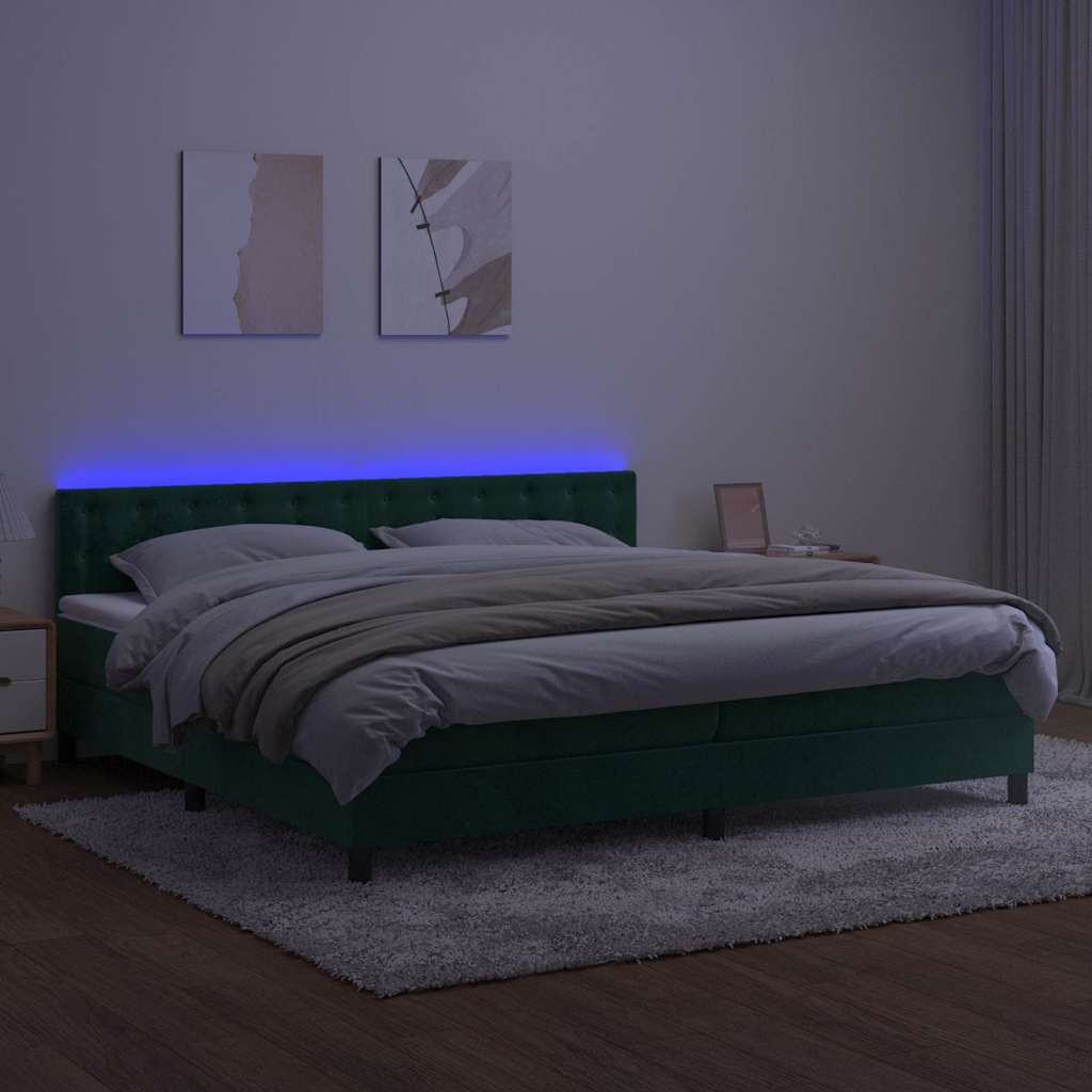 Box Spring Postel S Matrací A Led Tmavě Zelená 200X200 Cm Samet
