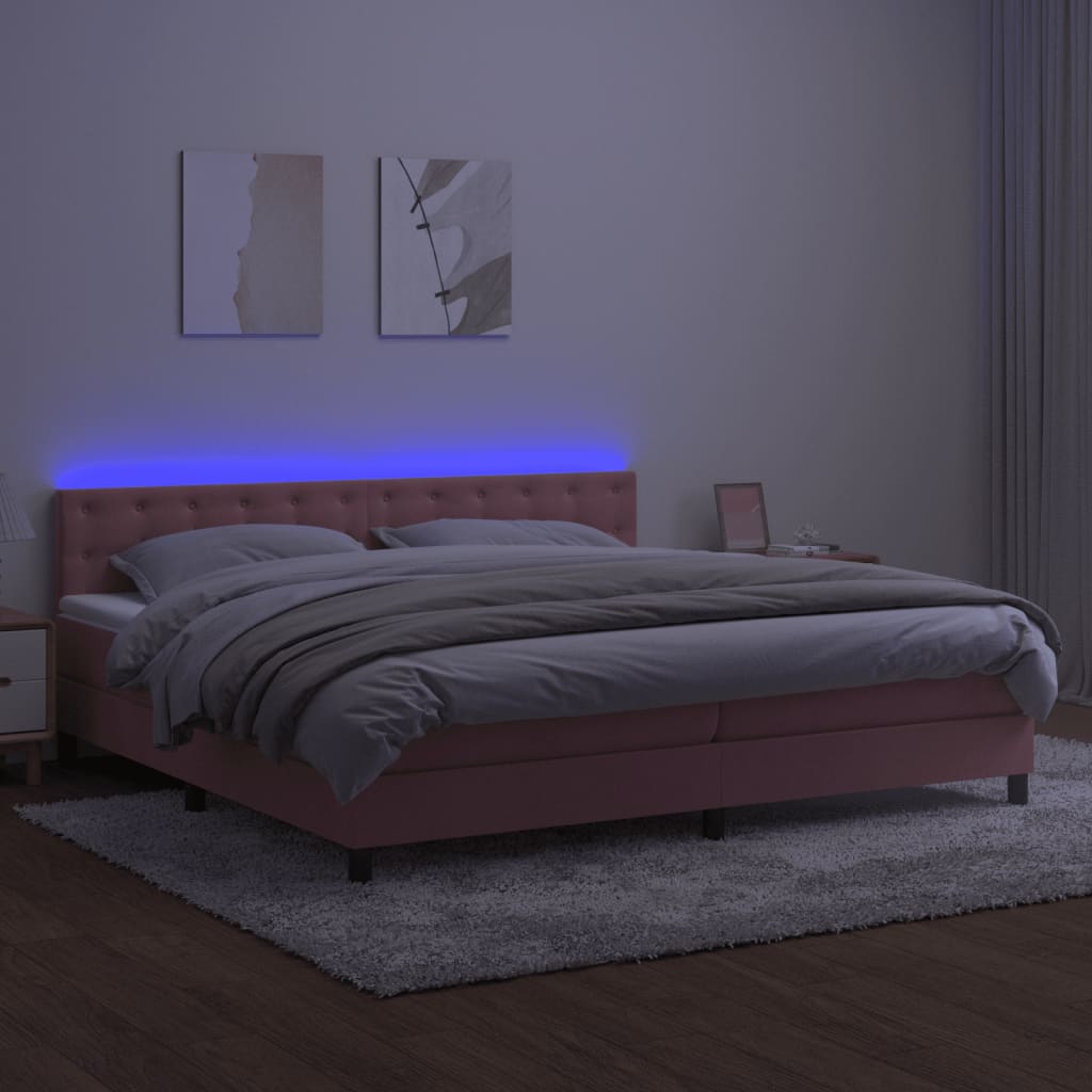 Box Spring Postel S Matrací A Led Růžová 200X200 Cm Samet