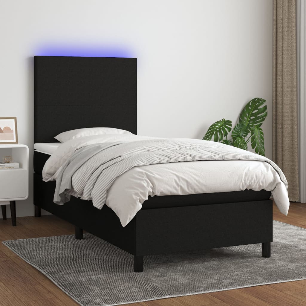 Box Spring Postel S Matrací A Led Černá Textil Černá