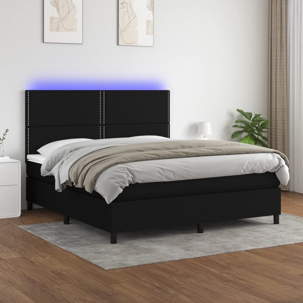 Box Spring Postel S Matrací A Led Černá Textil Černá