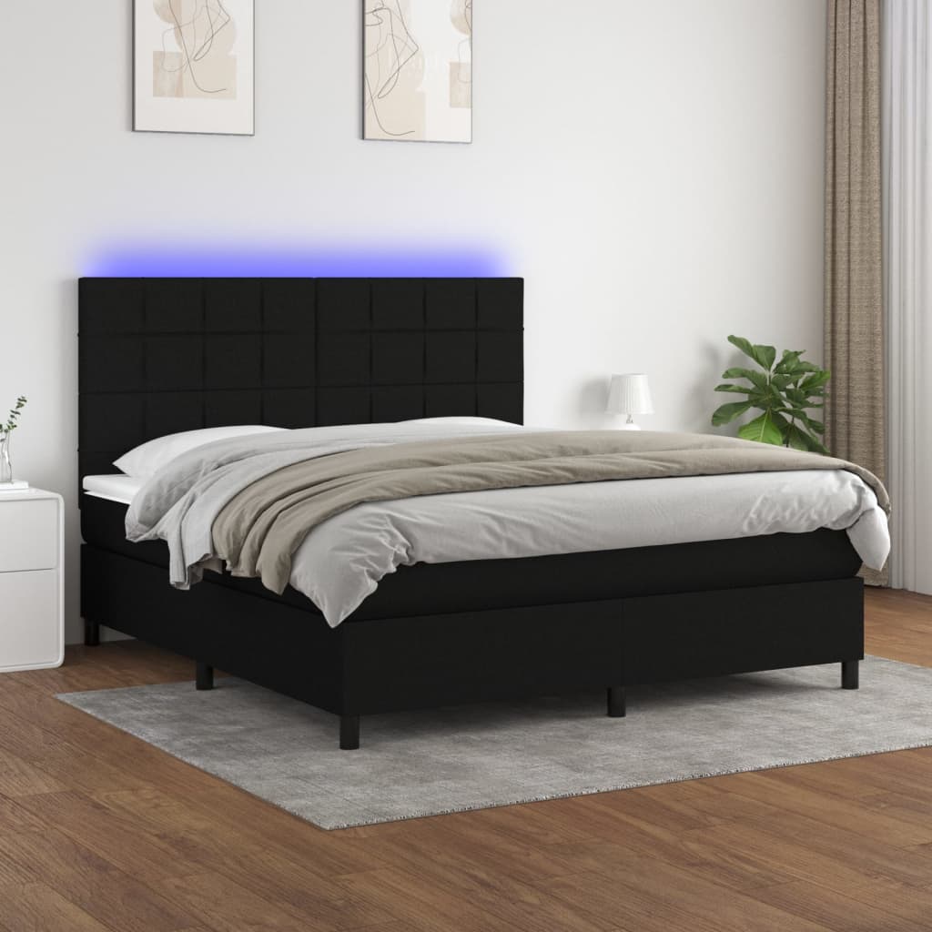 Box Spring Postel S Matrací A Led Černá Textil Černá