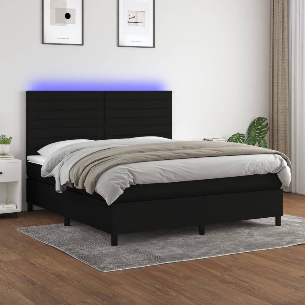 Box Spring Postel S Matrací A Led Černá Textil Černá