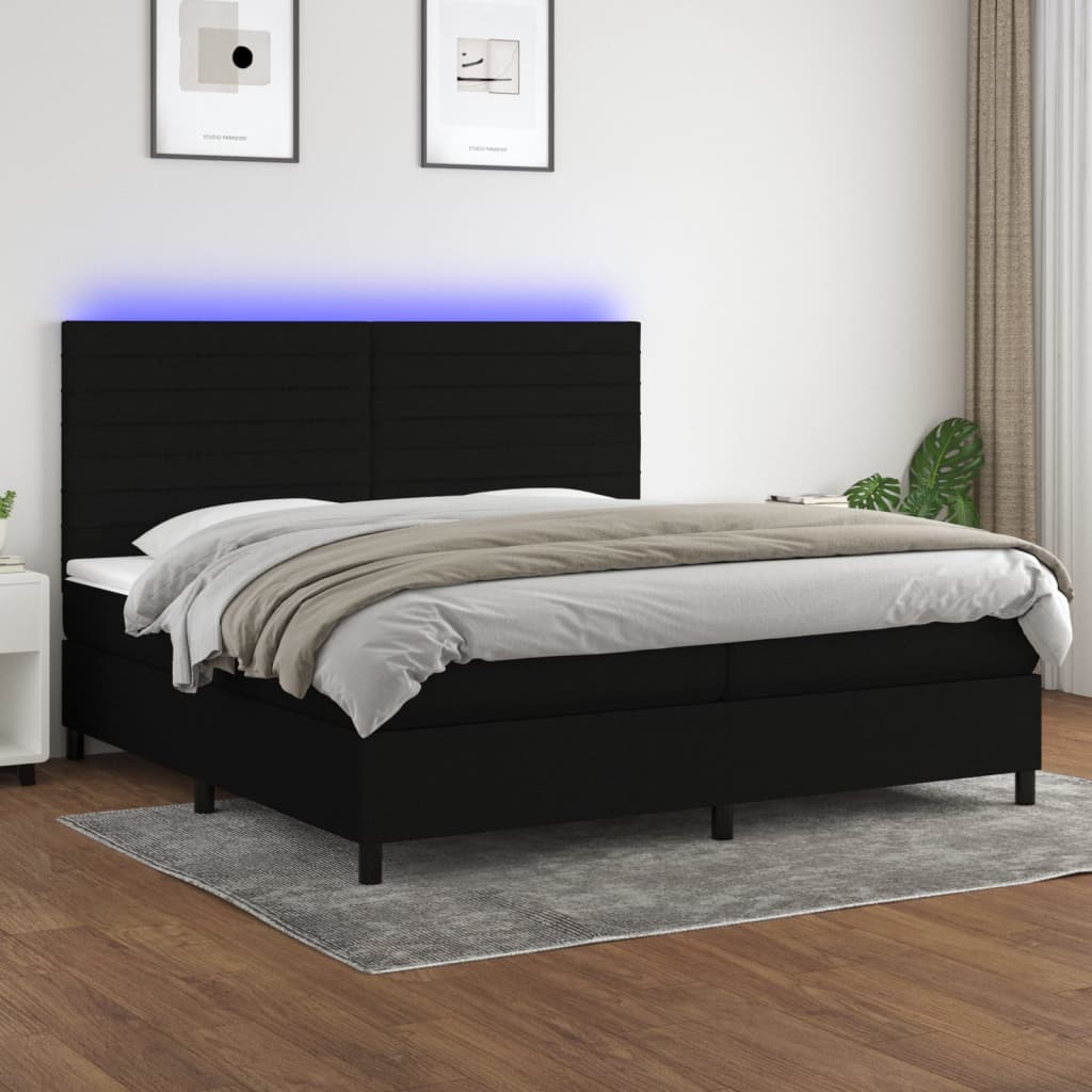 Box Spring Postel S Matrací A Led Černá Textil Černá