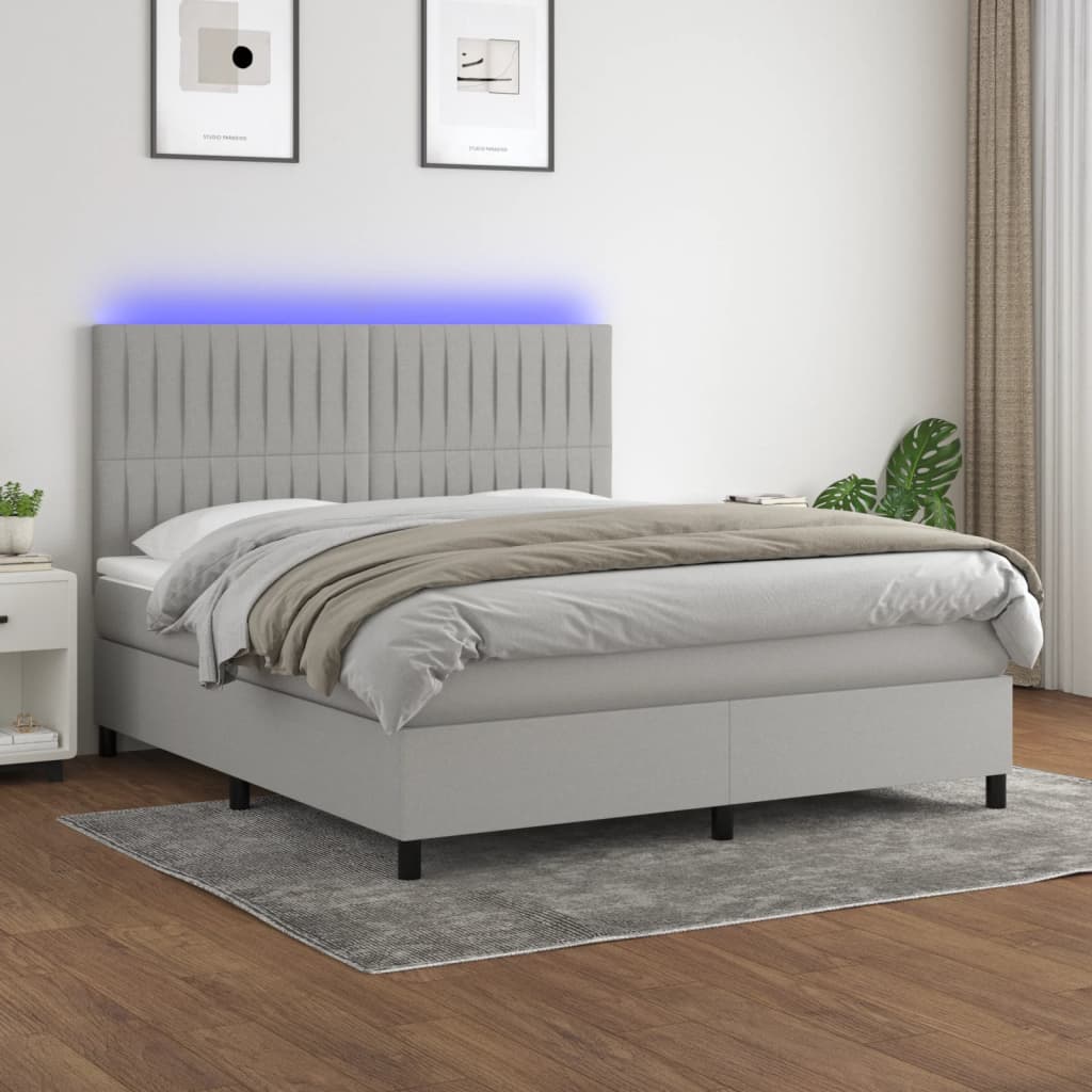 Box Spring Postel S Matrací A Led Textil Světle Šedá